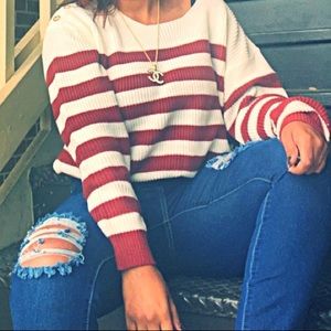 Rust/off white wide shoulder sweater